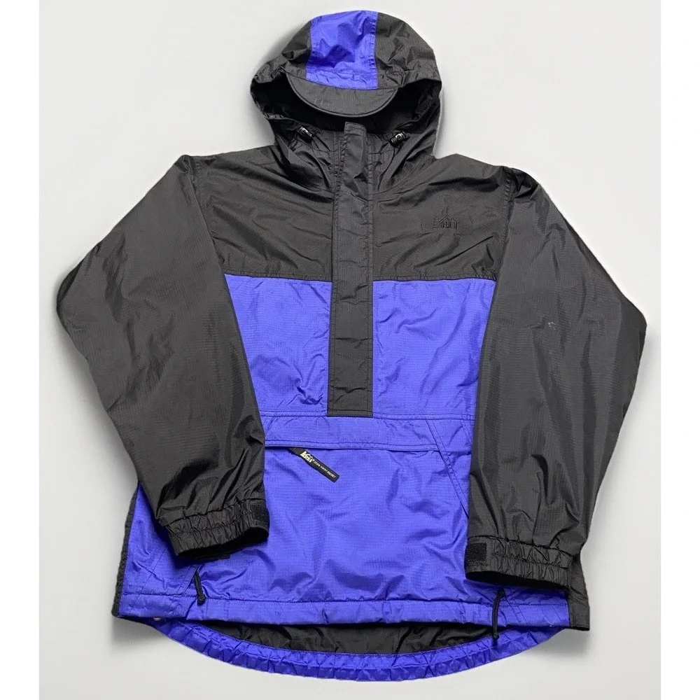 Vintage REI Gore Tex Jacket Unisex Small‎ Black Blue Anorak Pullover Hood 90s